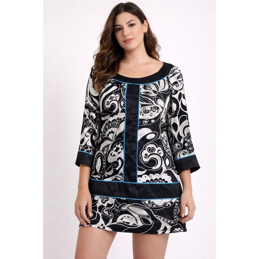 bebe Black White Silk Paisley Mini Dress Blue Trim Small